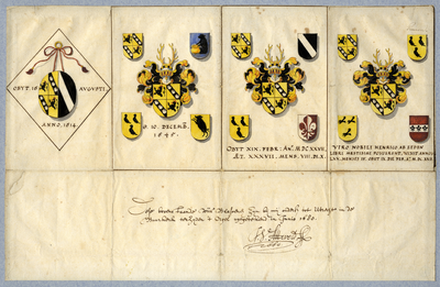 31163 Interieur van de Buurkerk te Utrecht: afbeelding van vier wapens van de familie Van Eeden tegen de westmuur van ...